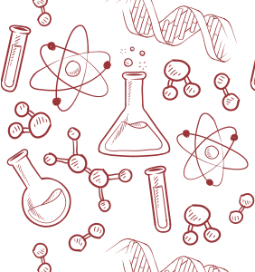 various science icons like beakers, test tubes, atoms, molecules, etc
